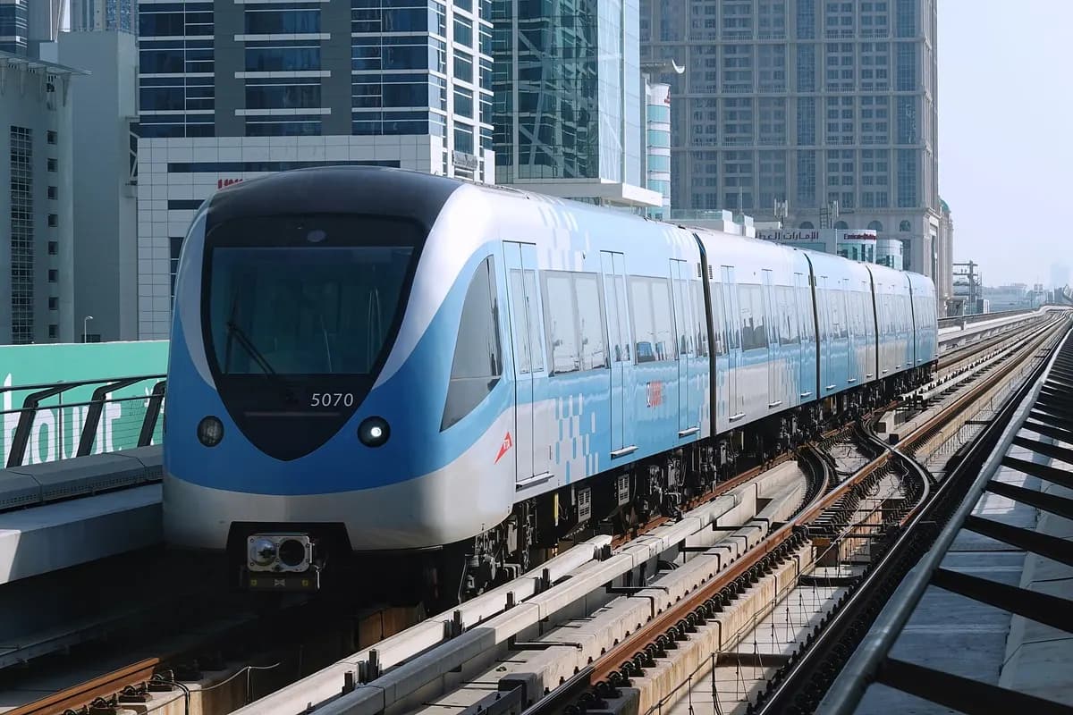 A Dubai Metro train arriving at Business Bay station on the Red Line