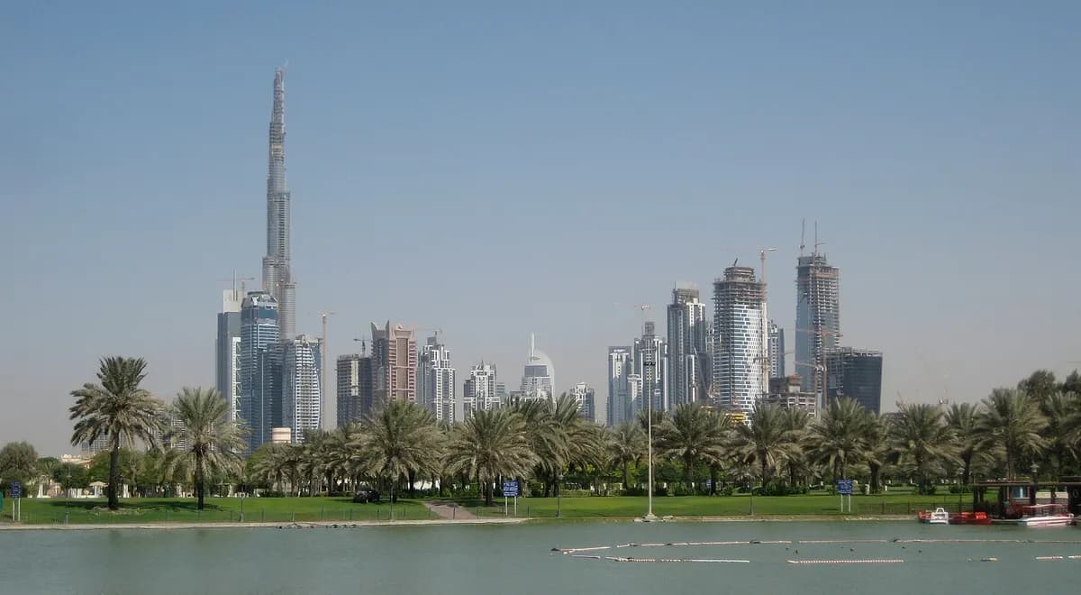Business Bay and Downtown Dubai towers seen across the lake at Safa Park