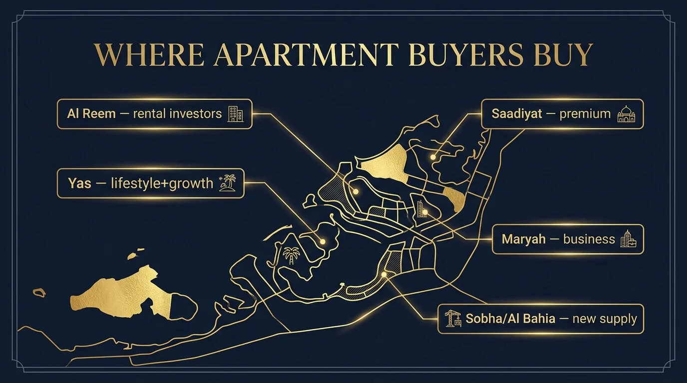 Abu Dhabi apartment investment areas 2026 — Reem, Yas, Saadiyat, Maryah, Al Bahia