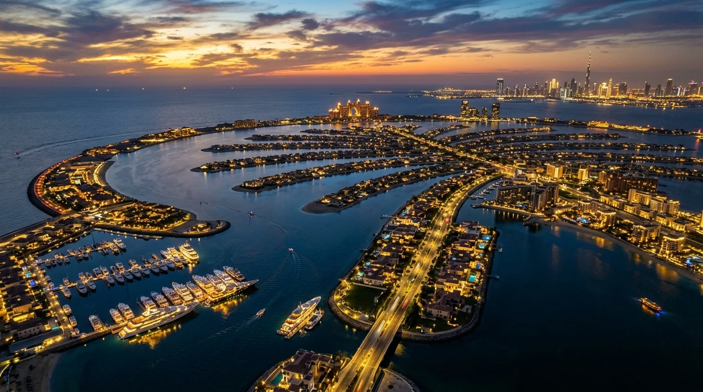 Aerial view of Palm Jumeirah luxury villas at sunset