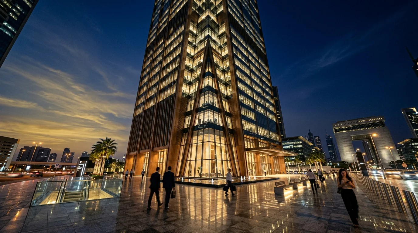 Glass and bronze financial tower in ADGM Abu Dhabi at dusk