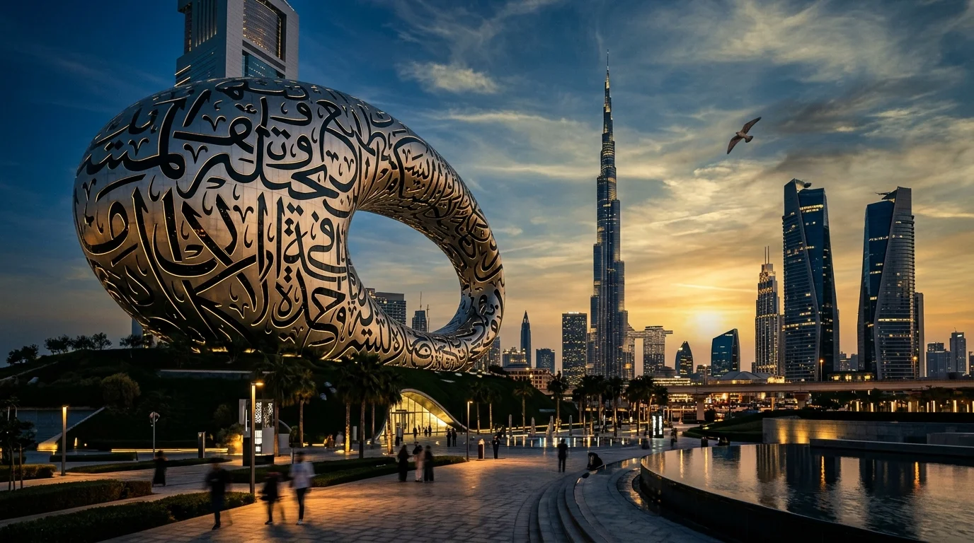 Museum of the Future Dubai with Burj Khalifa and falcon silhouette