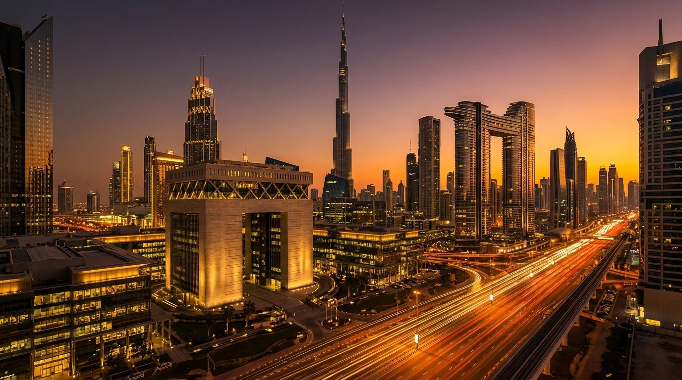 DIFC financial district at golden hour with Burj Khalifa