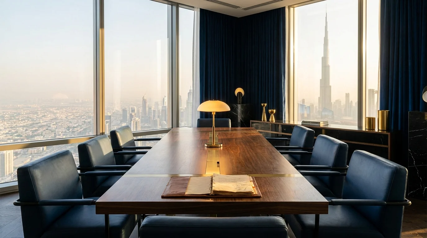 Private boardroom overlooking Dubai skyline with legal documents