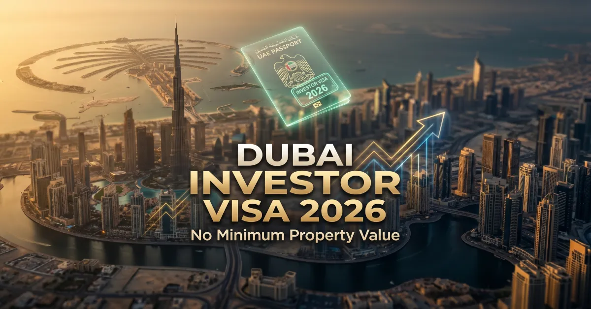 Dubai skyline with investor visa stamp overlay 2026