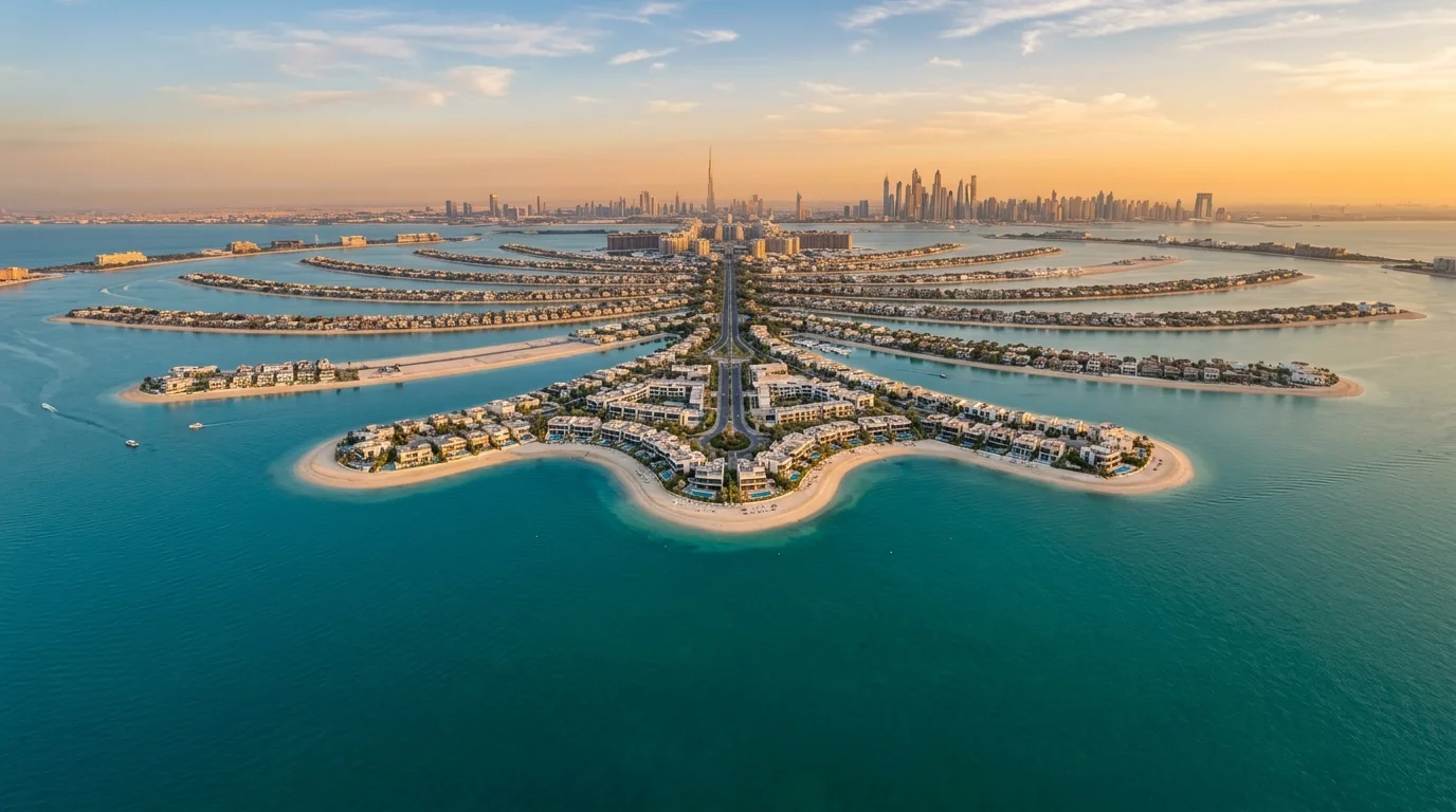 Aerial view of the Dubai Islands archipelago with the Dubai skyline behind, 2026 off-plan development