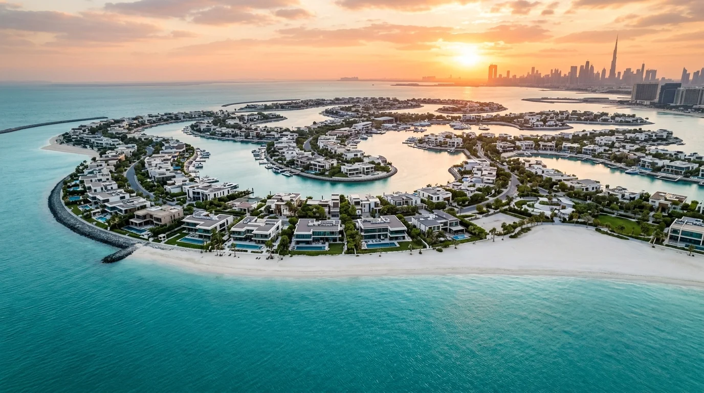 Waterfront low-rise residences on Dubai Islands at golden hour with the Dubai skyline in the distance