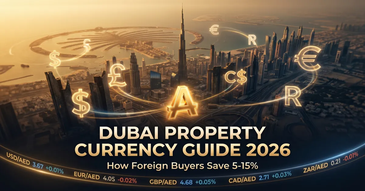 World currencies converging into Dubai skyline AED 2026