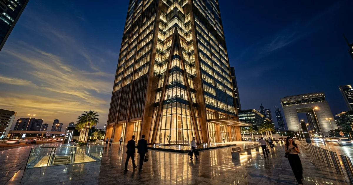 Professionals walking outside a financial tower in DIFC at blue hour