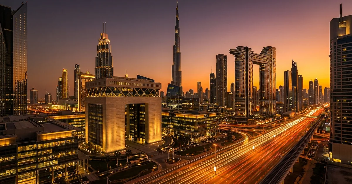 DIFC and Downtown Dubai skyline at dusk with Sheikh Zayed Road traffic trails