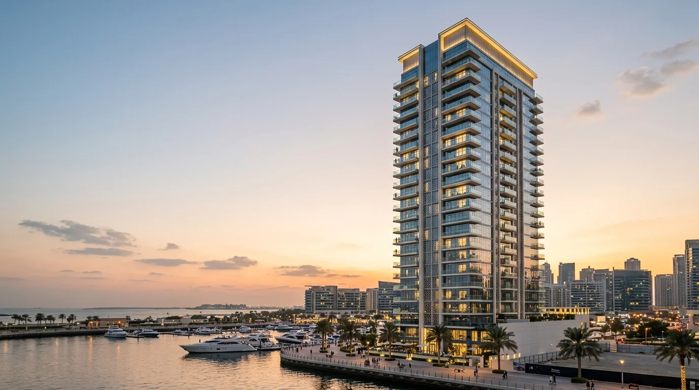 Modern Dubai off-plan apartment tower at golden hour
