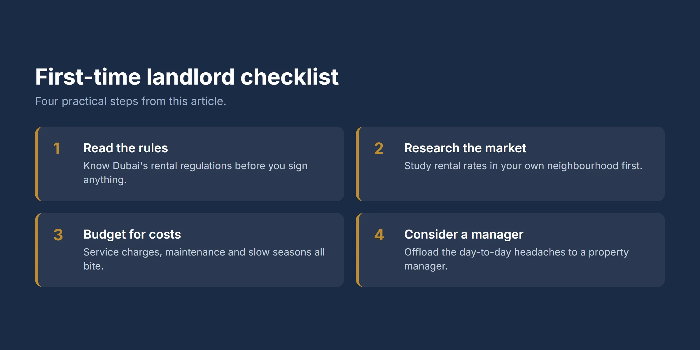 First-time landlord checklist: read the rules, research the market, budget for costs, consider a property manager