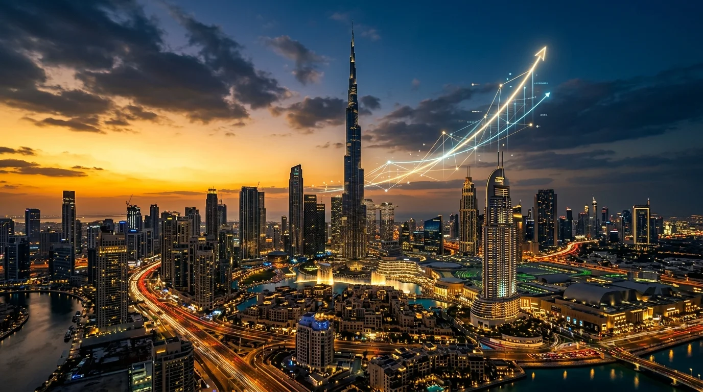 Dubai skyline with Burj Khalifa at golden hour, holographic growth curve