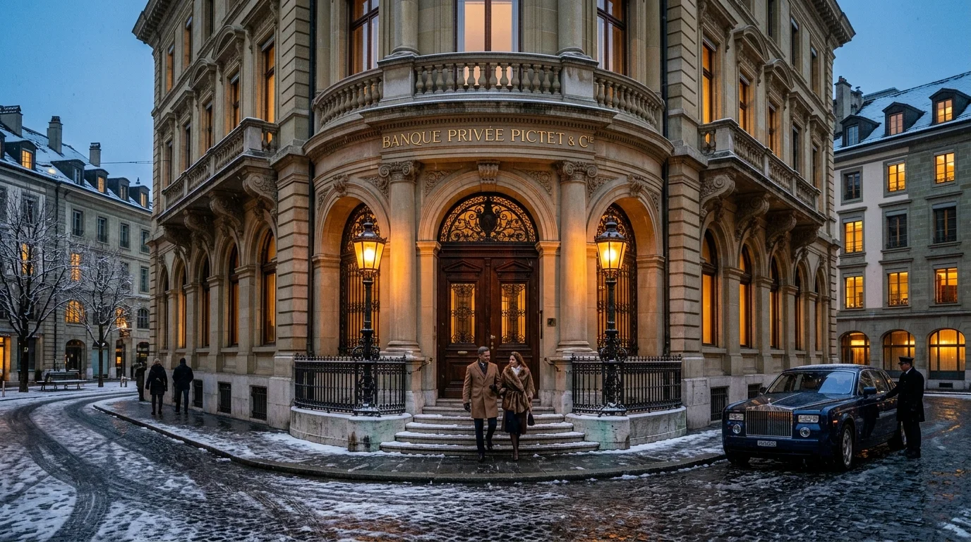 European private bank exterior at dusk on cobblestones