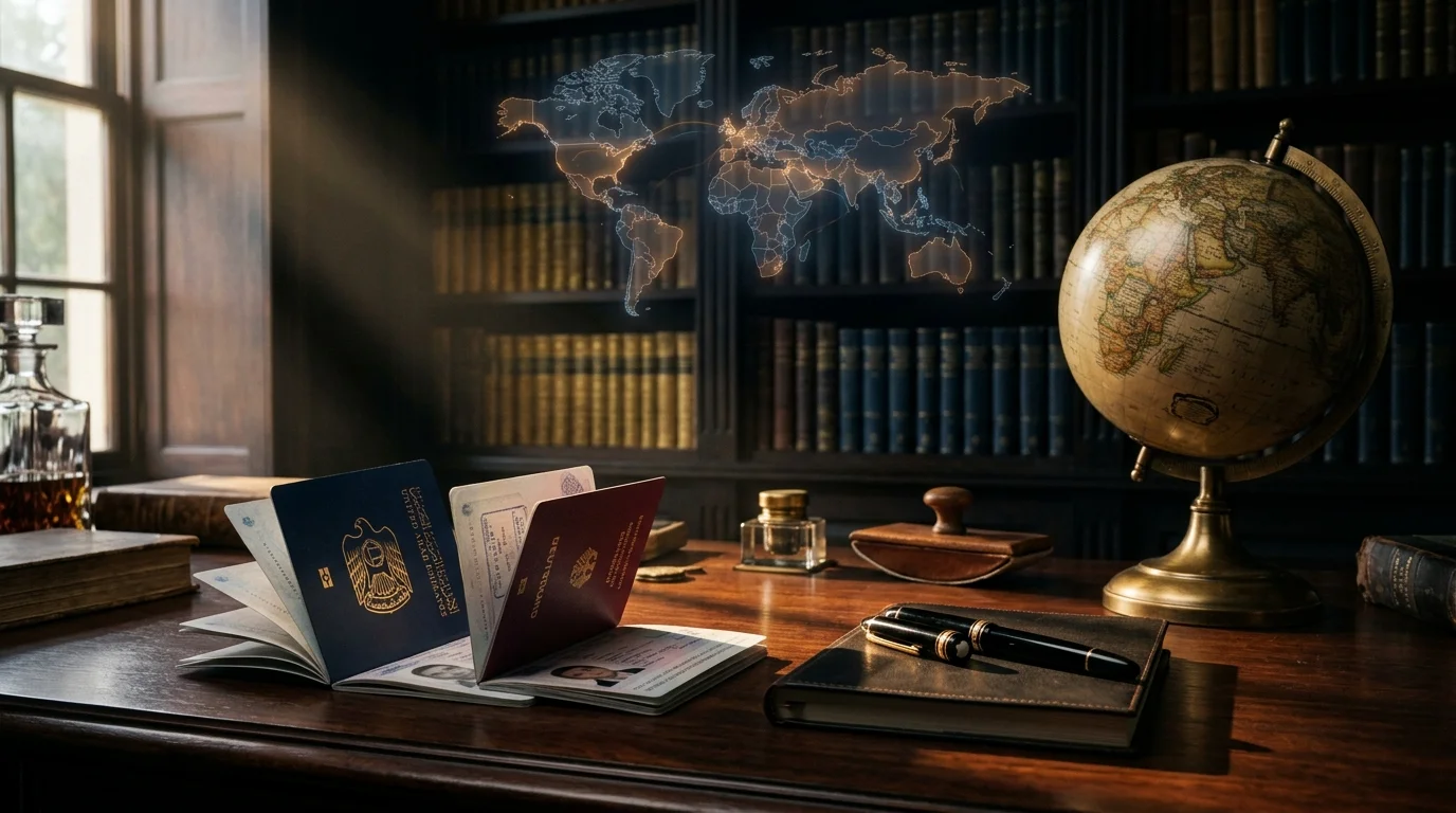 Two passports and brass globe on mahogany desk in private library