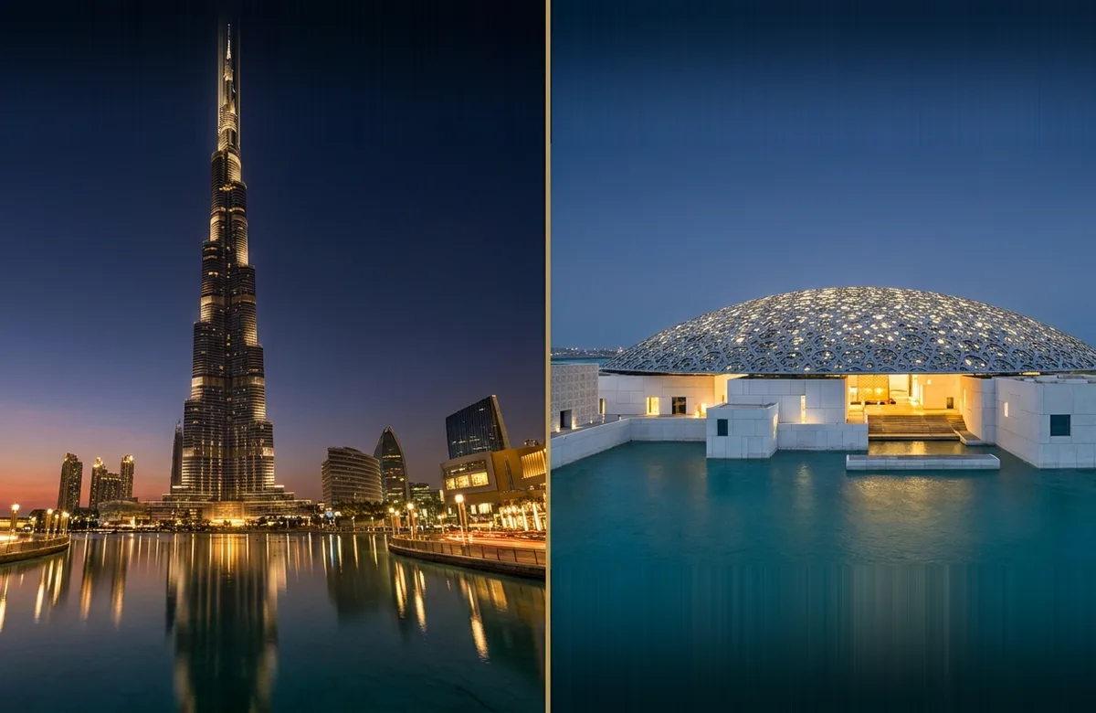 Burj Khalifa in Dubai and Louvre Abu Dhabi at blue hour