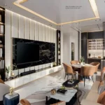 Luxurious living room design with elegant furniture, marble accents, and modern lighting creating a sophisticated ambiance.